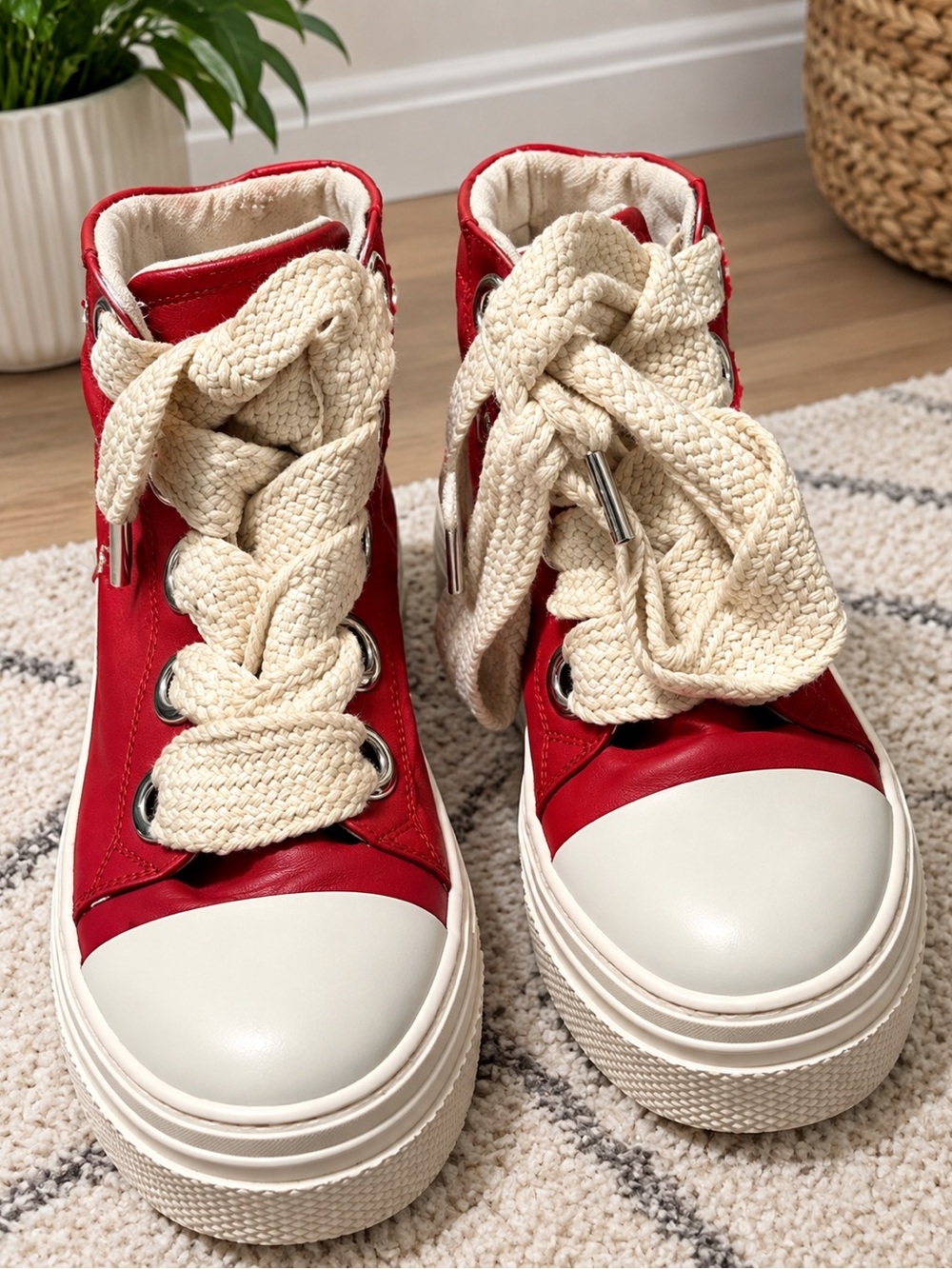 Red and White High-Top Platform Sneakers